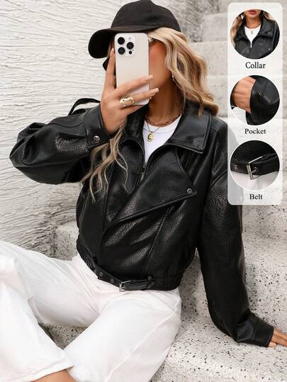 Áo khoác da nữ màu đen dáng rộng thời trang kiểu biker, phong cách đường phố sành điệu cho ngày Valentine.