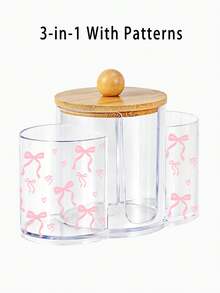 Caja de almacenamiento de plástico transparente con tapa de bambú con diseño de lazo rosa en 3 en 1, organizador de maquillaje de escritorio con tres agujeros redondos, caja de almacenamiento de cosméticos transparente con tres compartimentos - Caja de almacenamiento de tocador moderno con tapa, ideas de regalo para mujeres - Multicolor - Ver 7