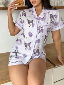 Bộ đồ ngủ 2 món Sanrio dành cho nữ, gồm áo ngắn tay cổ chữ V in họa tiết Kuromi và quần ống rộng thắt nơ; bộ đồ ngủ mùa hè. - Màu Lilac Tím - Xem 4