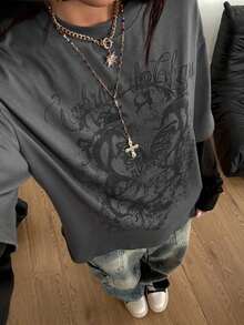 TopstopsCoolane Women's & Men's Spring/Summer Couple Same Style Streetwear Goth Grunge Punk Casual Vintage  Cotton Graphics Comfortable Round Neck Patchwork Brown And Beige Oversized Long Sleeve  T-ShirtLoose And Comfortablesummer Topssummer Tops - 深灰色 - 查看 4