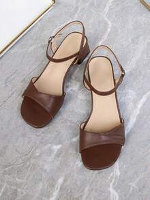 Wide Strap Buckle Chunky Heel Sandals, Mid-Heel Fashion French Style Sandals, Plus Size Women Sandals, Classic High Heel Peep Toe Backstrap Sandals - Brown - View 6