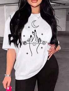 Camiseta informal de mujer de manga corta y cuello redondo de poliéster con estampado de planetas y lunas, ideal para uso diario. - Blanco - Ver 2