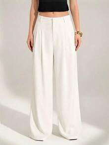 ZZL  Tall Old Money Sexy Business Casual High Waist Pleated Wide Leg Pants – Elegant Solid Color Loose Trousers, Professional Office Wear, Chic Tailored Work Pants For Women Black Dress Pants Loose Pants - trắng - Xem 7