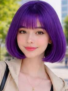 12-Inch Short Purple Bangs Wig, High-Temperature Synthetic Straight Hair, Natural Style, Elegant And Versatile, Suitable For Daily Wear, Parties, And Cosplay For All Women - Purple - View 1
