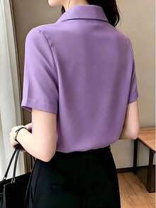 Camisa de seda de manga corta con diseño, blusa de satén ligera y madura al estilo de Hong Kong - Púrpura malva - Ver 4