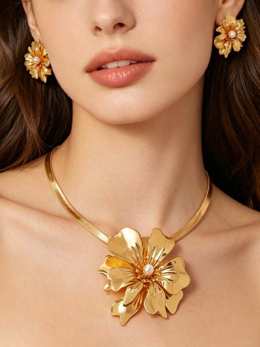 Bộ 3 chiếc/Bộ trang sức mặt dây chuyền hoa thời trang hàng ngày dành cho nữ và bộ hoa tai hoa thanh lịch cho ngày lễ tình nhân