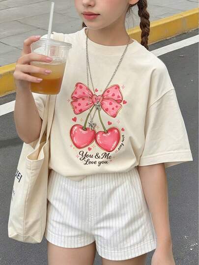 Coquette Girly Pink Heart Cherry Bow Print Girls Summer Loose Round Neck Cream Beige Short Sleeve Tee