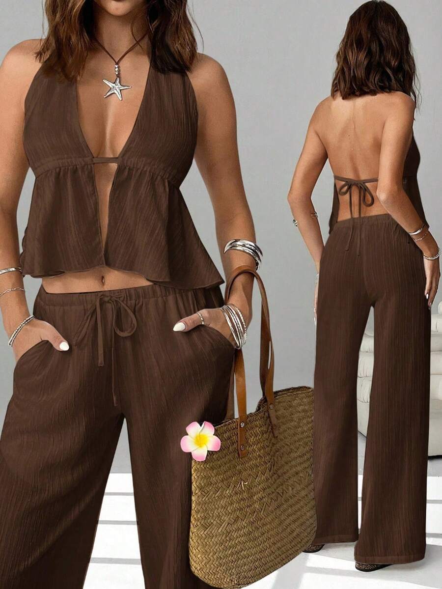 Women's Casual V-Neck Cropped Camisole And Wide Leg Drawstring Pants Set, Elegant Summer 2-Piece Outfit Suitable For Vacation, Beach, Festivals And Various Occasions - Coffee Brown - View 1