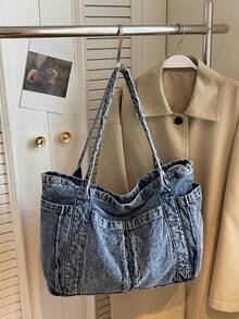 1 chiếc túi tote nữ kiểu dáng thường ngày, đeo một bên vai, chất liệu denim canvas, dung tích lớn, màu trơn, thiết kế nhiều ngăn, thời trang và đa năng, thích hợp cho các hoạt động ngoài trời, mua sắm, đi làm. - Xanh đậm - Xem 11