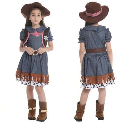 Girls' Western Cowgirl Costume Set: Dress + Hat, Suitable For Stage Performance, Theme Party And Role Play