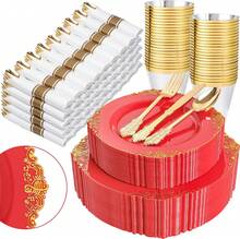 350pcs Red Gold Plastic Dinnerware Set For 50 Guests Includes 100 Gold Plates 50 Pre Rolled Silverware Sets 50 Cups Ideal For Weddings Parties - Red and Gold - View 10