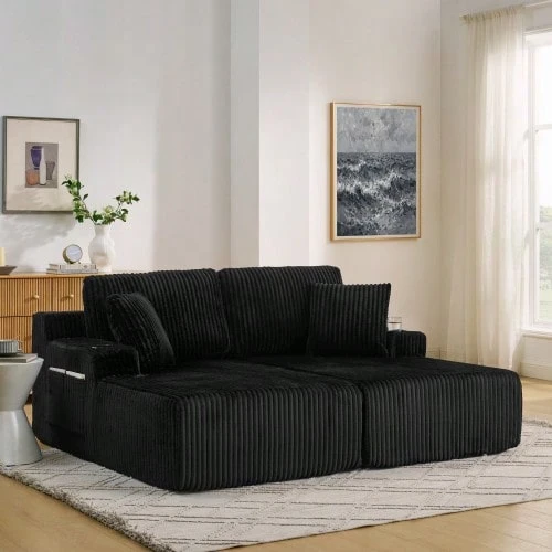 2-Sitzer Relax-Schlafsofa,Lounge-Sessel,weich Kordstoff, mit seitlicher Magazintasche, Getränkehalter und Kissen,geeignet für Wohnzimmer, Spielzimmer, Arbeitszimmer, Gästezimmer und Wohnung,Black - Noir - Voir 1