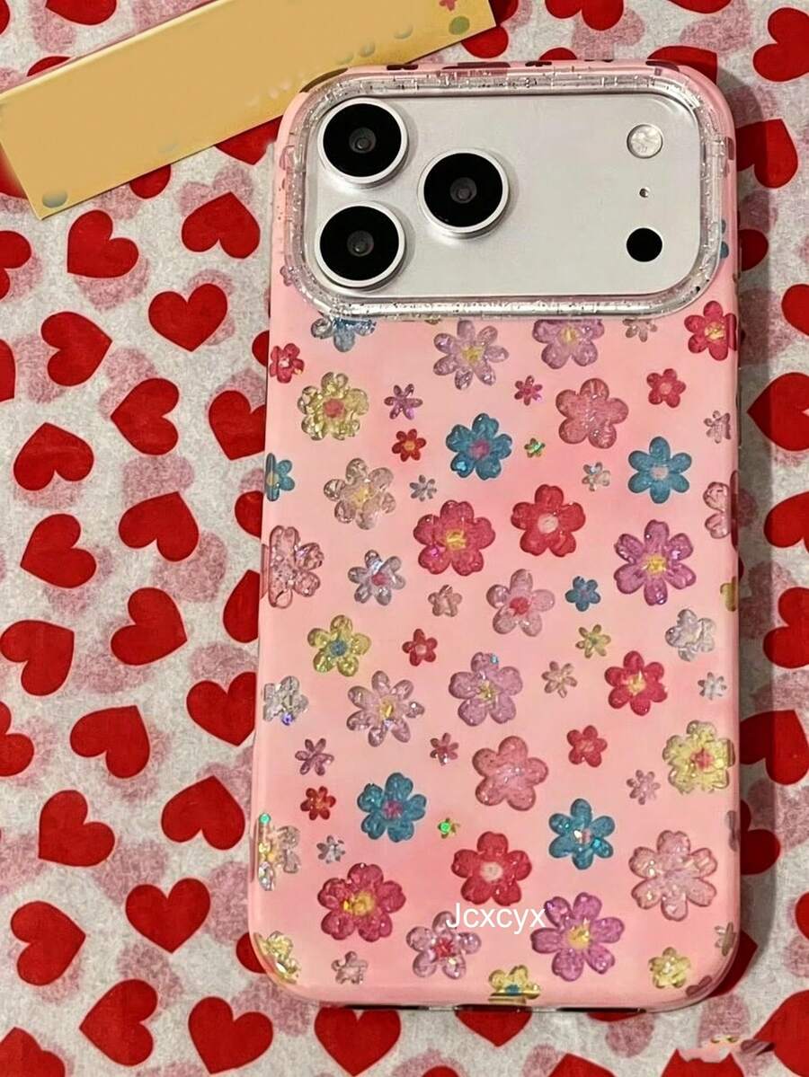 美观可爱的百合花亮片图案手机壳,兼容 17 Pro Max、17 Pro、17、16 Pro Max、16 Pro、16、15、14、13 Pro Max,时尚春日后盖 - 粉色 - 查看 1