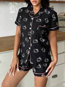 Bộ đồ ngủ 2 món Sanrio dành cho nữ, gồm áo ngắn tay cổ chữ V in hình Hello Kitty và quần ống rộng thắt nơ; bộ đồ ngủ mùa hè. - màu đen - Xem 5