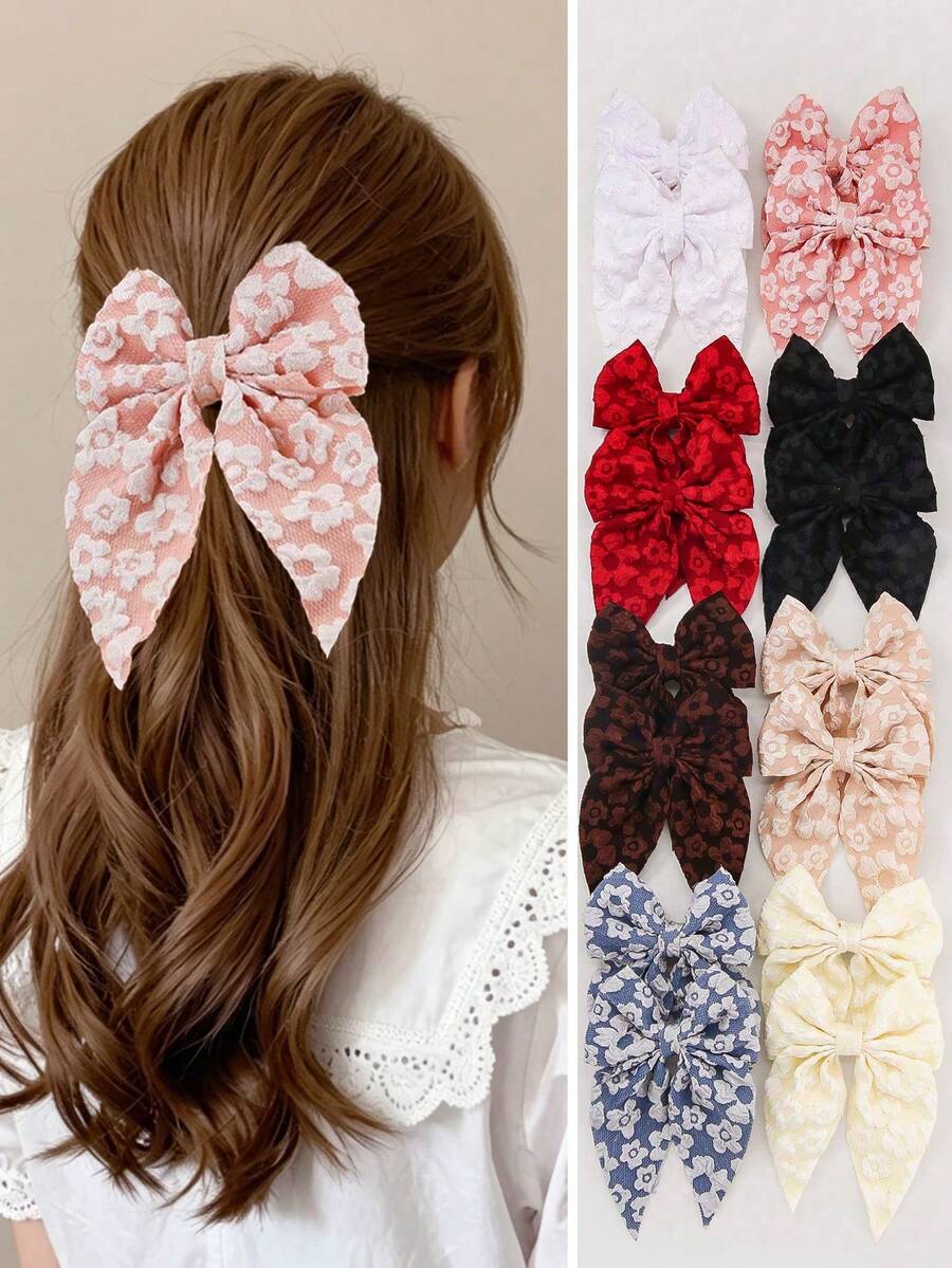 10pcs/Set Girls Floral Embossed Texture Bowknot Hair Clips, Cute Hair Accessories For Daily Use - Multicolor - View 1