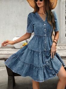 Cotton V-Neck Short Sleeve Denim Layered Cake Dress Casual - Blue - View 5