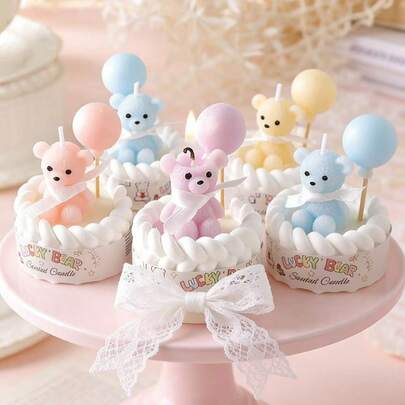 1pc Shaped Scented Candle, Exquisite Mini Teddy Bear Candle Holder With Balloon, Smokeless Soy Wax Candle, Suitable For Home Decor, Birthday Celebration, Gender Reveal, Ramadan, Diwali, Christmas, Valentine's Day, Thanksgiving, Anniversary, Desktop Decor, Room Decor, Cute Decorative Candle, Suitable For Ladies, Friends, Housewarming, Holiday Gifts, Party Favors, Dessert Theme Candles And Scented Candles