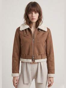 Women's Suede Jacket, Winter Jacket With Belt, Fashionable, Versatile, Elegant, Cold Weather - Camel - Ver 2