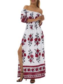 Women Floral Print Long Sleeve, 3/4 Sleeve Off-shoulder Side Split Dress for Summer - Flor - Ver 3