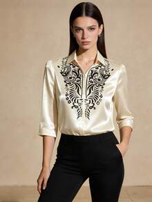 1pc Floral Print Button-Up Blouse, Modern Filipiniana Style, Suitable For Office, Daily Wear, Occasions, Summer - Champagne Color - Champagne - View 4
