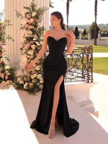 ADYCE PROM Women's Scoop Neck Fishbone Ruffle Pleated Backless Elegant Cocktail Party Evening Maxi Prom Dress With Front Slit - Black - View 3