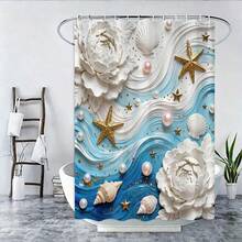 1/4pcs 3D Wave & Starfish Shower Curtain Set, Bathroom Curtains With Carpet, Shell & Pearl Decor, Bathroom Set Includes Shower Curtain And Rug, White Floral Shower Curtain For Toilet Lid - A - View 22