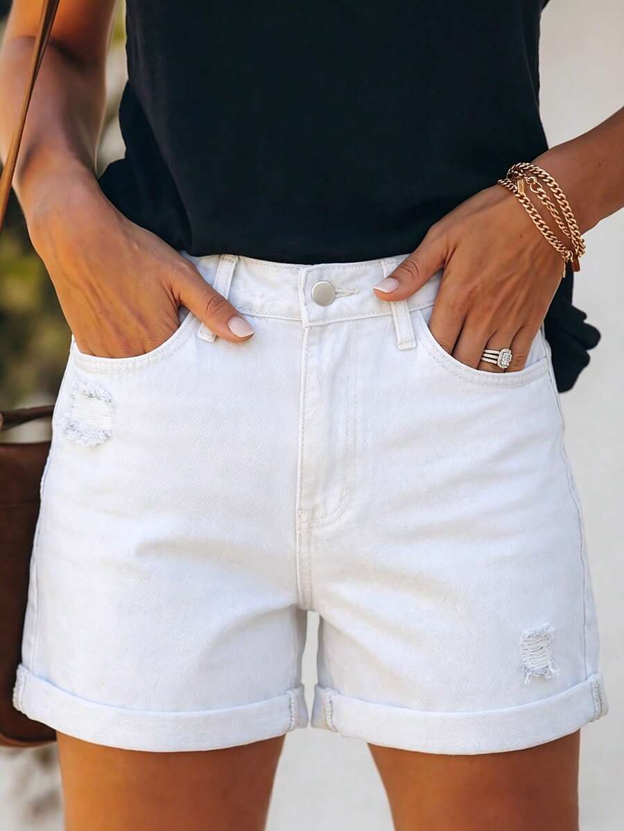 Quần jeans nữ mùa hè mới, kiểu dáng rộng rãi, rách nhẹ, màu trơn, bạc màu, phong cách đường phố Mỹ, đa năng, thích hợp cho kỳ nghỉ. Màu trắng. - trắng - Xem 1
