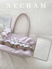 1 pieza Bolso de hombro único con diseño de volantes y patchwork, bolso de gran capacidad para estudiantes/trabajo - Rosa - Ver 5