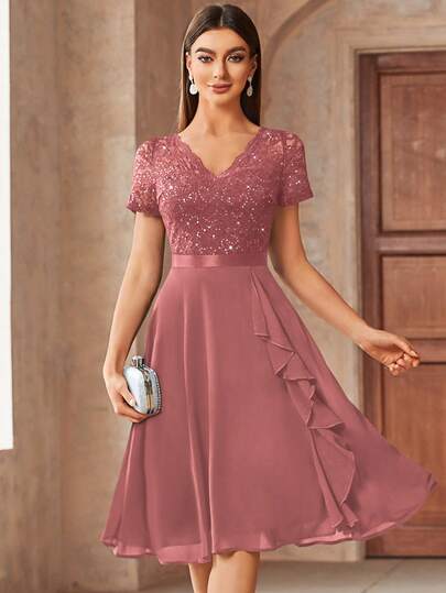 MIUSOL V-Neck Sequin Floral Lace Ruffle Hem Chiffon Ballgown, Elegant Women's Party Dress, Suitable For Formal Parties, Vacations, Homecoming, Graduation Ceremonies And Other Occasions Summer