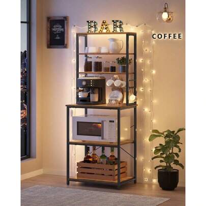 VASAGLE Coffee Bar, Baker's Rack Kitchen With Storage, 6-Tier Kitchen Shelves With 6 Hooks, Microwave Stand, Industrial, 15.X 23.6 X 65.Inches, Oak Color And White,Greige And Black,Rustic Brown And Black