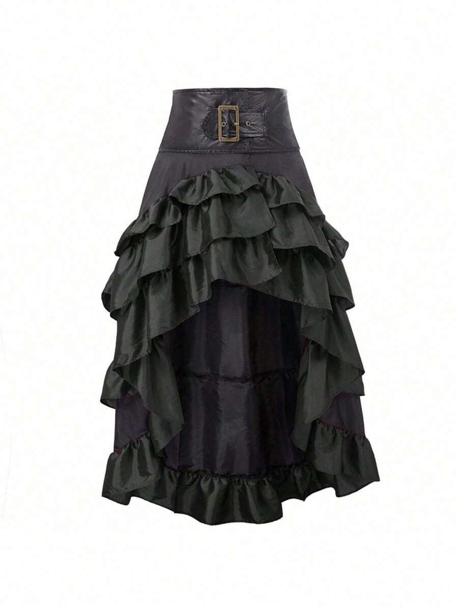 New Retro Asymmetrical Patchwork Skirt With High Waist And Checkered Hem For Women - Black - View 1