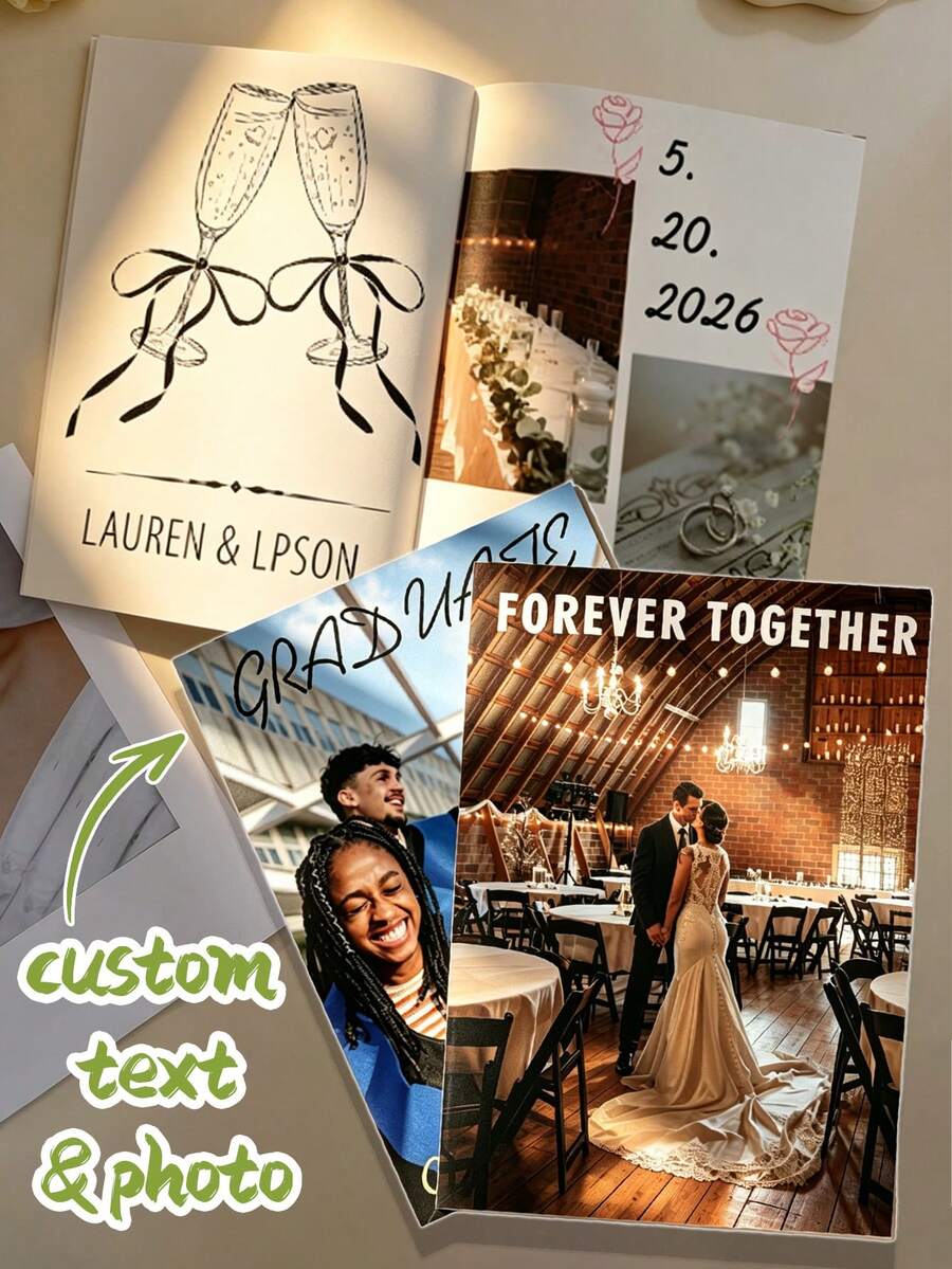 1/5/10pcs Customized Commemorative Photo Album/Magazine, Personalized Text, Date And Photo Options. Suitable For Wedding Commemorative Magazine/Album, Birthday Party, Family Commemorative Magazine, Customized Back To School Commemorative Party Magazine, Love Time Photo Album, Graduation Commemorative Party Gift - Multicolor - View 1