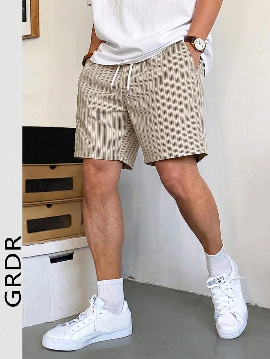 GRDR 男士度假风条纹短裤，休闲舒适简约风，及膝长度 - 灰色 - 查看 1