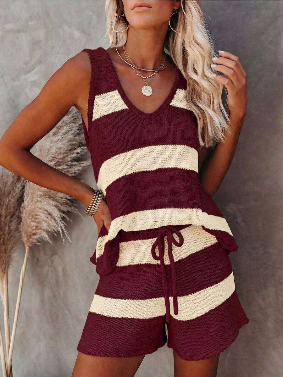 Conjunto de punto de chaleco y pantalones cortos a rayas de contraste de cuello en V, estilo elegante y relajado, adecuado para el uso diario, vacaciones, salidas a la playa en verano - Burdeos - Ver 1