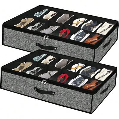 2 Pack Sturdy Under Bed Shoe Storage Organizers, Fit Total 24 Pairs, Large Underbed Closet Shoes Box Container Bag With Clear Cover, Breathable, 29.3x23.6x5.9 Inches(Except For Men's Sports Shoes)