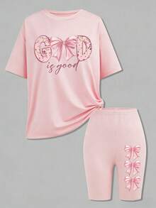 4pcs/Set Teen Girls' Y2K Fashion Elegant Style Pink Slogan Bow Print Print Tee & Cycling Tight-Fitting Printed  Shorts 2 Pieces Outfits, Suitable For Summer Casual Outings - Nhiều màu - Xem 3