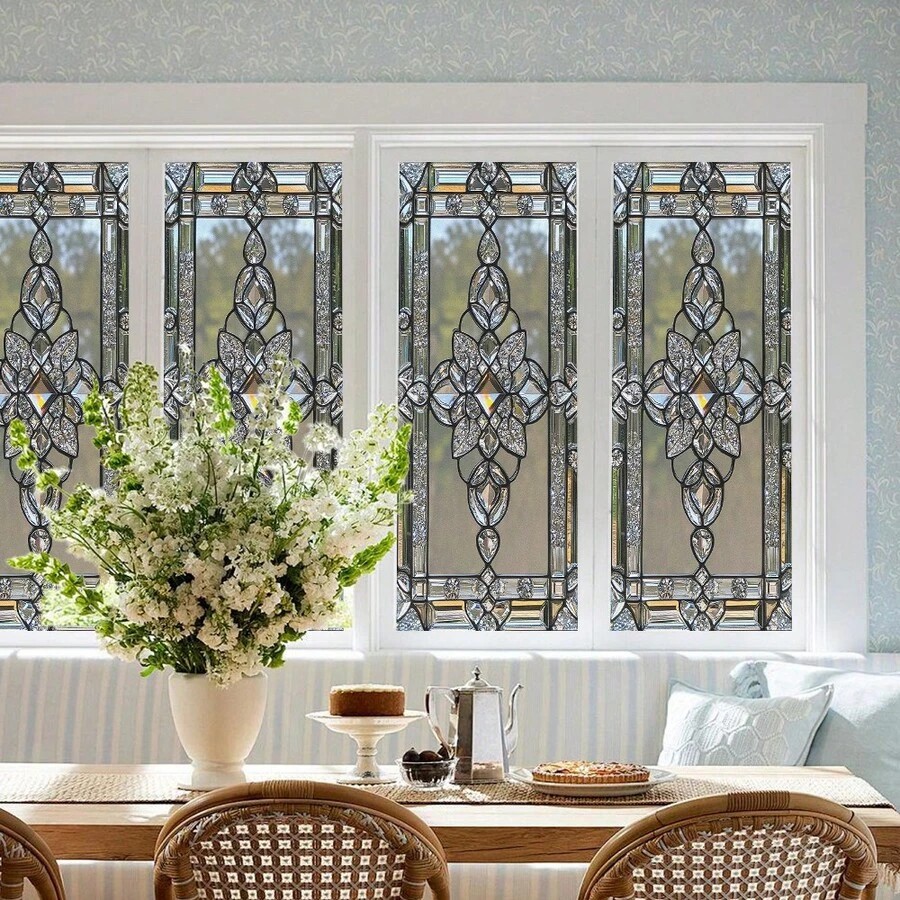 1/4pcs Vintage Baroque Style Static Window Film. 3D Stained Simple Style Diamond Flower Pattern 90% High Privacy Sticker. Non Adhesive Removable Covering UV Blocking. For Living Room Bathroom Glass Siding Door And Home Decorative Decals. - Multicolor - View 1