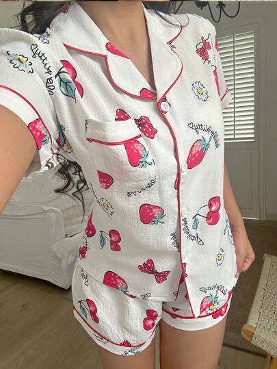  Sanrio 2Pcs Sleepwear For Women Pajama Set Featuring A Hello Kitty Print V-Neck Button-Down Short-Sleeved Single-Breasted Top And Bow-Tie Trousers; Summer Pajama Set.