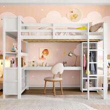 Loft Bed, 140 X 200 Cm, Shelves, Ample Storage, Desk, Wardrobe, Mattress Not Included, White - White - View 4