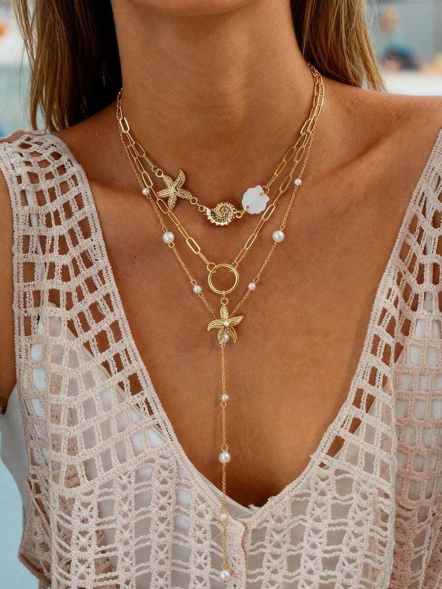 1pc Exquisite Starfish, Seashell & Faux Pearl Multilayer Metal Necklace, Suitable For Gifts, Gatherings, Beach Vacations, Anniversaries, Dates And Other Occasions For Women - Multicolor - View 1