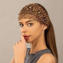 1pc Summer Crochet Lace Headband, Hollow Faux Pearl Thin Elastic Headband, Boho Style Stretchy Hair Accessory, Suitable For Spring/Summer Casual, Wedding, Party, Festival, Birthday Wear - Multicolor - View 2