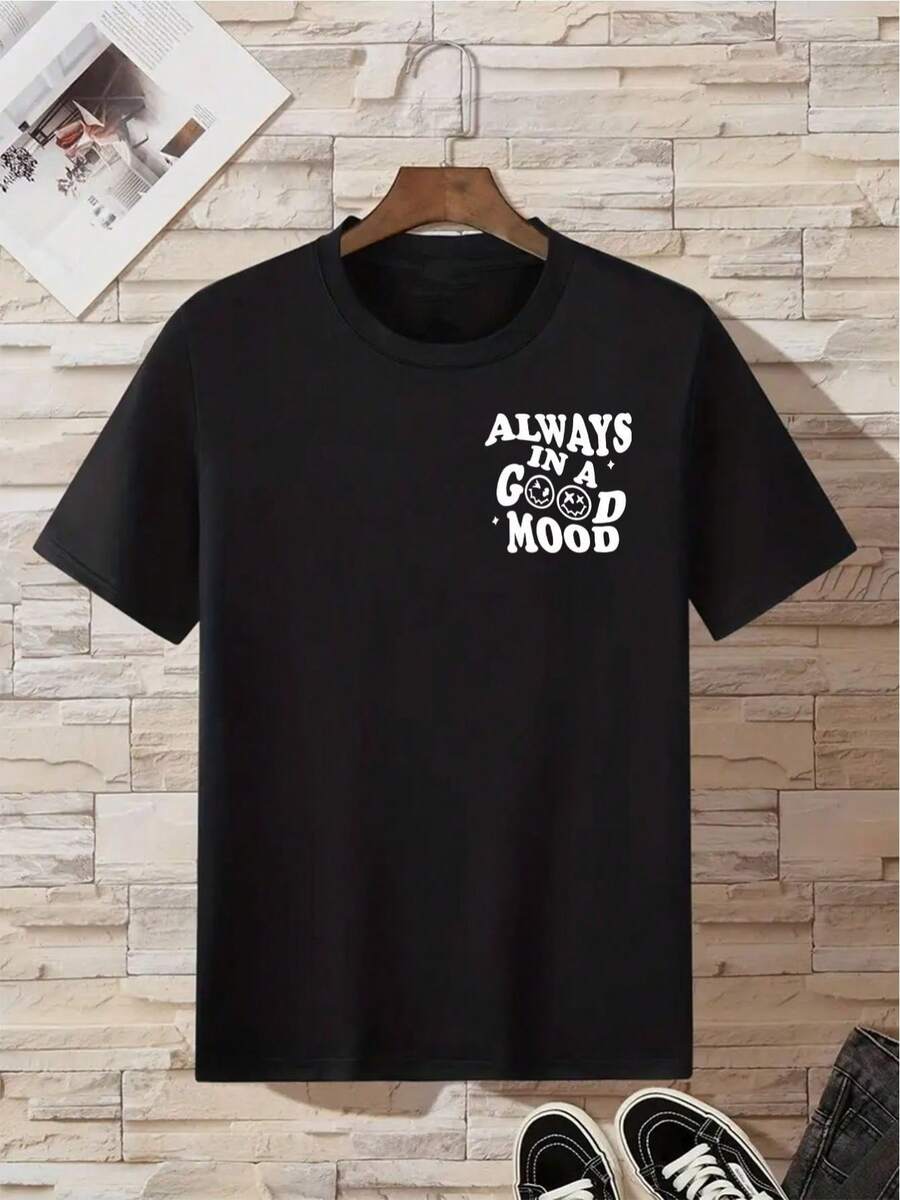 Hombres Camiseta con estampado de slogan - Negro - Ver 1