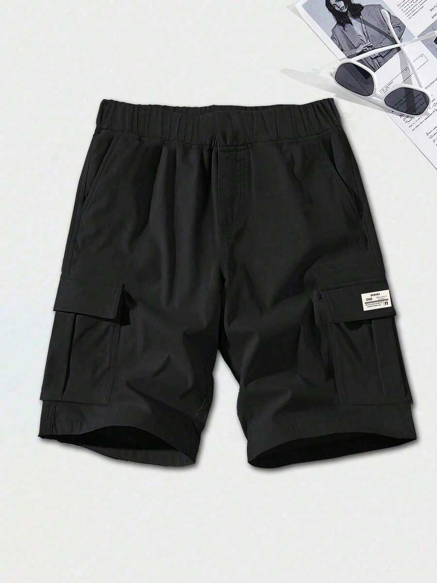 1 pieza Pantalones cortos cargo informales para niños preadolescentes, estilo de ropa de trabajo para deportes al aire libre, diseño minimalista de moda, primavera y verano - Negro - Ver 1