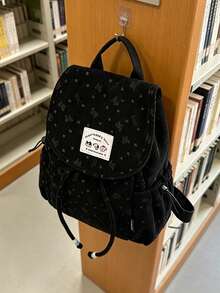 1pc Cute Bow Print Corduroy Drawstring Flap Student Backpack, Large Capacity Daily Backpack, Lightweight Campus Backpack, Fashion Accessory, Suitable For Girls/Teens/Students, Ideal For School, Work, Daily Use, Travel - Multicolor - View 9