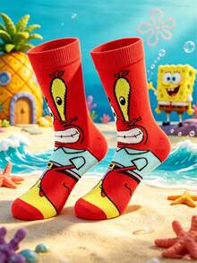 SpongeBob SquarePants 5/1雙女款多色方格圖案與卡通角色印花中筒襪，羅紋襪口設計，聚酯纖維面料，透氣柔軟且彈性，可愛動漫卡通街頭風襪子，適合春季日常休閒與居家使用 - 彩色 - 查看 6