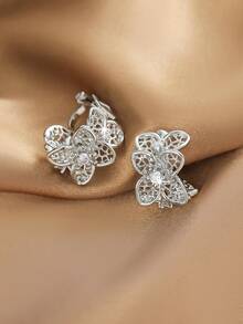 1 Par de Brincos Delicados e Luxuosos com Flor Oca, Design de Pétalas Incrustadas de Zircônia, Brincos Clipe Macio, Cores Ouro e Prata Dual para Mulheres na Temporada de Férias - Multicolorido - Visão 8