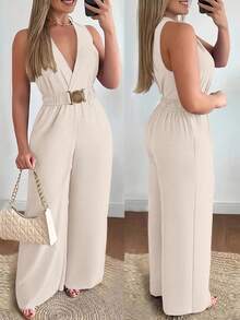 Women's Spring & Summer Casual Jumpsuit, V Neck Sleeveless Wide Leg Romper With Gold Buckle Belt, Multi-Color Options, Seasonal Wear, Fashionable Formal & Casual Outfit, Suitable For Office, Party, Brunch, Teens & Adults, Spring & Summer Style Essential - 杏色 - 查看 2