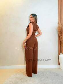 SJD MODA LADY Elegant And Chic Women's Tailored Suit, Practical Formal Uniform For Daily And Office Use, 2 Pieces, Sleeveless Cropped Blouse And Wide-Leg Suit Trousers, Garment With Perfect Fit, Comfortable Fabric, Stylish Luxury Look, Minimalist Casual Fashion, Women's Clothing For Christmas - 鏽棕色 - 查看 5