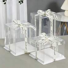 1個DIY透明蓋白色紙底蛋糕盒,提供4"/6"/8"/10"/12"/14"/16"尺寸,附隨機印花緞面絲帶 - PET材質,正方形/長方形設計,可重複使用蛋糕盒,適用於糕點、巧克力、餅乾、花卉派對禮物包裝,適合生日、婚禮、情人節、母親節、復活節、畢業季、返校、日及其他場合,亦可用作禮物盒。3合1手持生日禮物包裝盒 - 透明 - 查看 4
