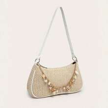 Shells Pearl Straw Woven Underarm Bag Casual All-Matching Commuting Bag Niche High-End Shoulder Bag Women's Boho Seashell Pearl Beaded Straw Bags Zipper Single Strap Underarm Purses - 象牙色 24*6*14厘米 - 查看 4